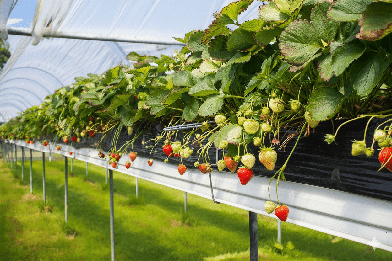 Strawberries growing in coco coir grow bags — greenhouse tabletop production Canada USA