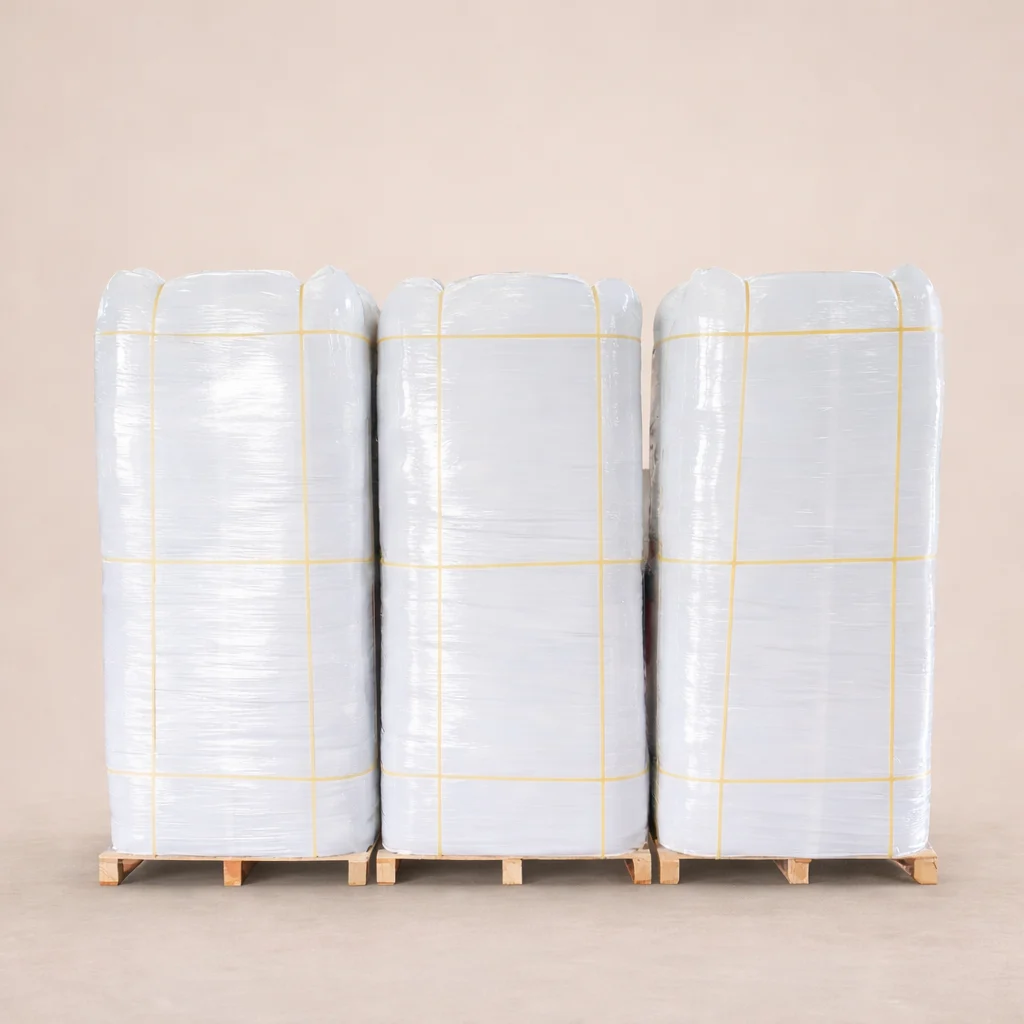 Three large, white shrink-wrapped pallets of jumbo coco coir bales strapped onto wooden skids, ready for bulk shipment.